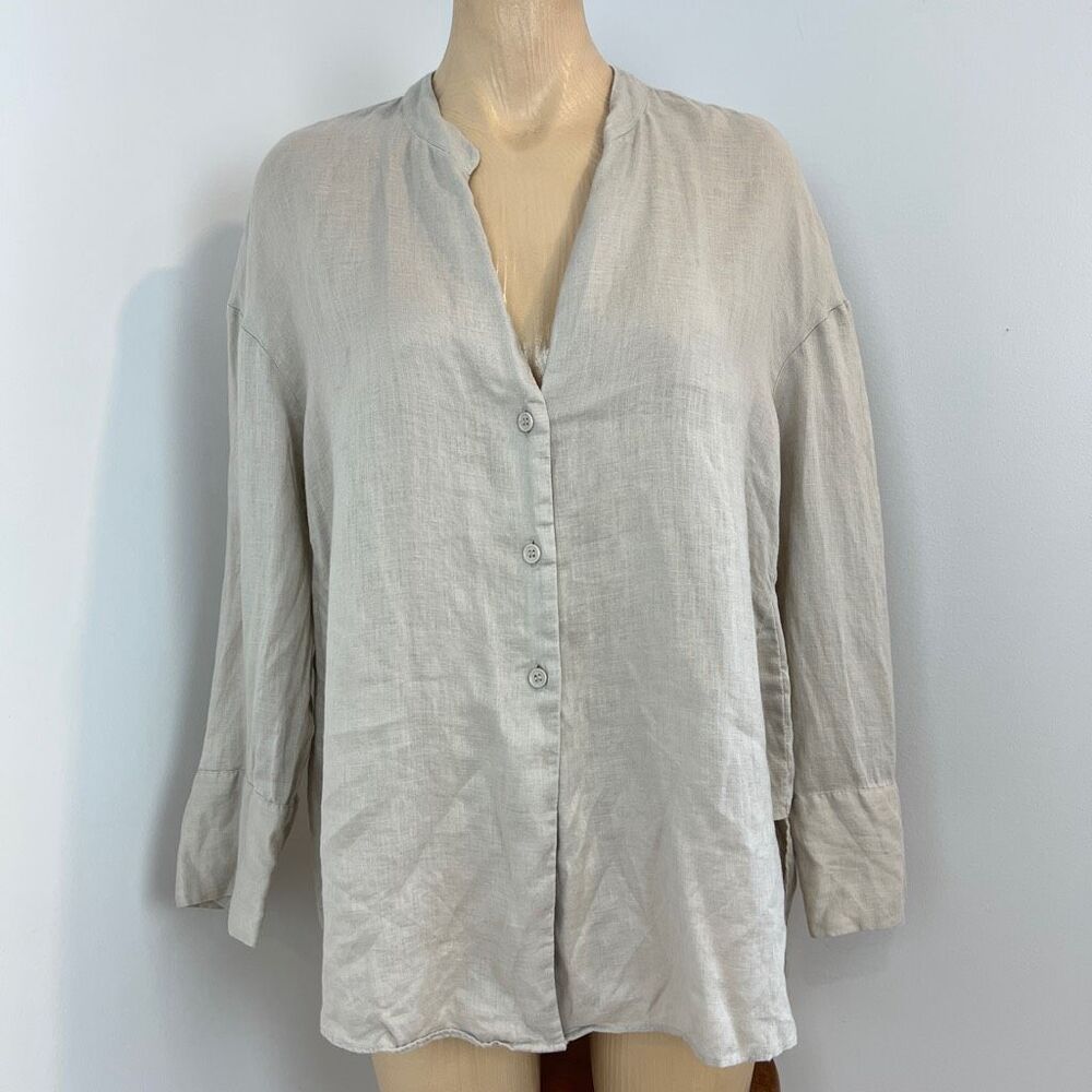 Zara Women's Small Beige Grey Linen Blend Long Sleeve Button Down Shirt Peasant